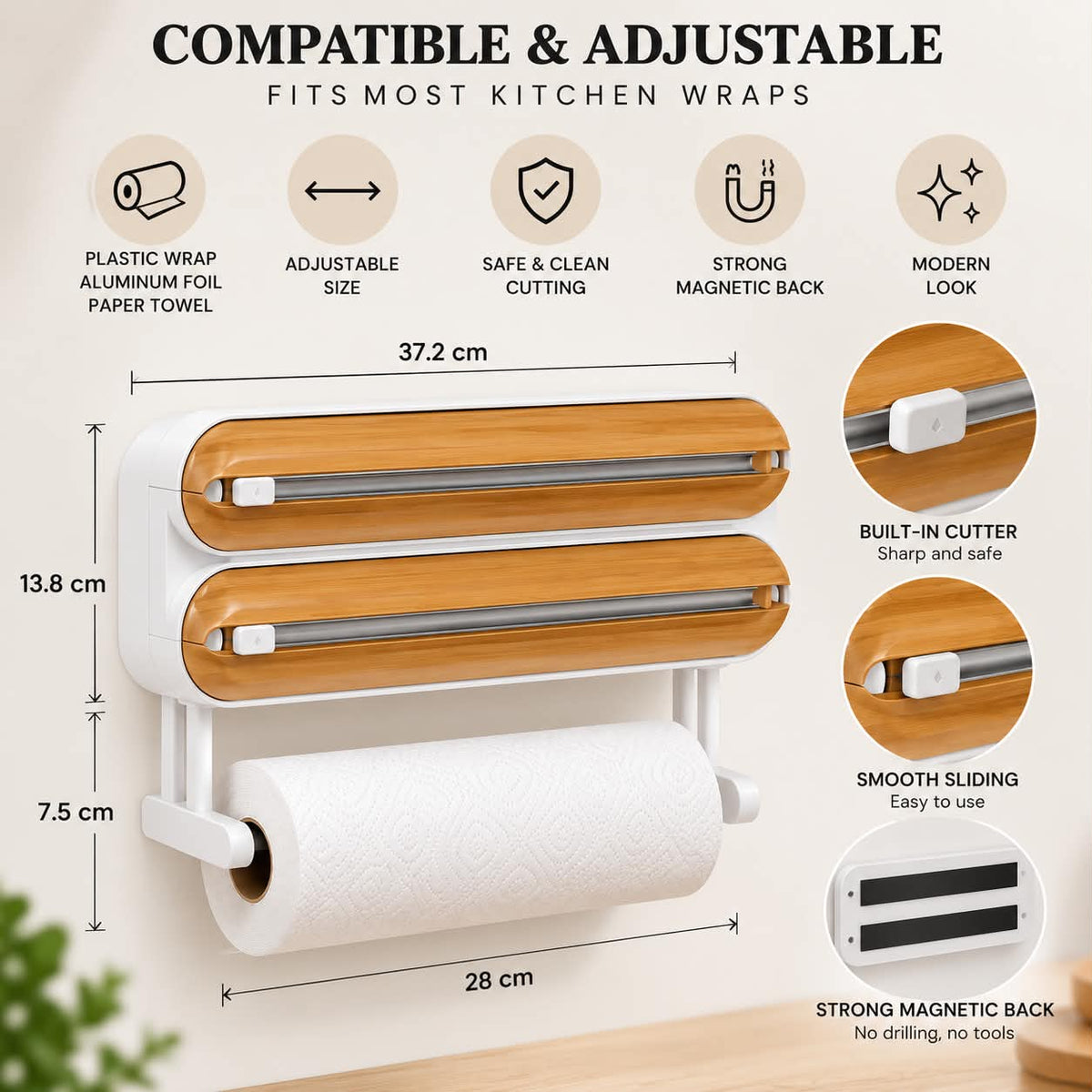 Wall-Mounted Cling Film &amp; Aluminum Foil Dispenser with Cutter
