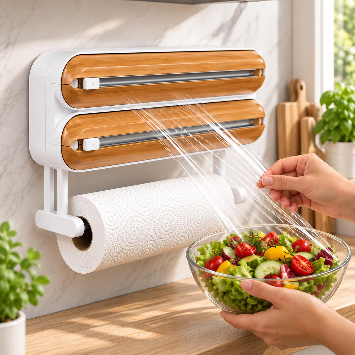 Wall-Mounted Cling Film &amp; Aluminum Foil Dispenser with Cutter