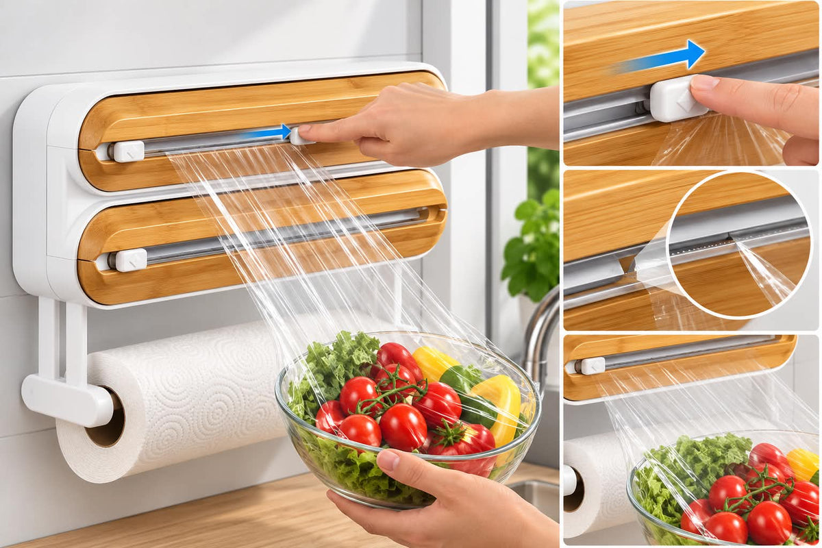 Wall-Mounted Cling Film &amp; Aluminum Foil Dispenser with Cutter